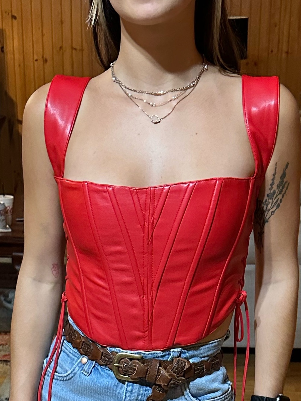 Red Faux Leather Corset Crop Top with Wide Straps